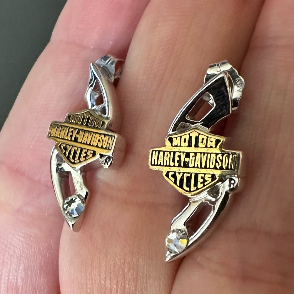 Harley Davidson Motorcycles Sterling Silver 925 Stud Gold plated Logo Earrings - Picture 2 of 4